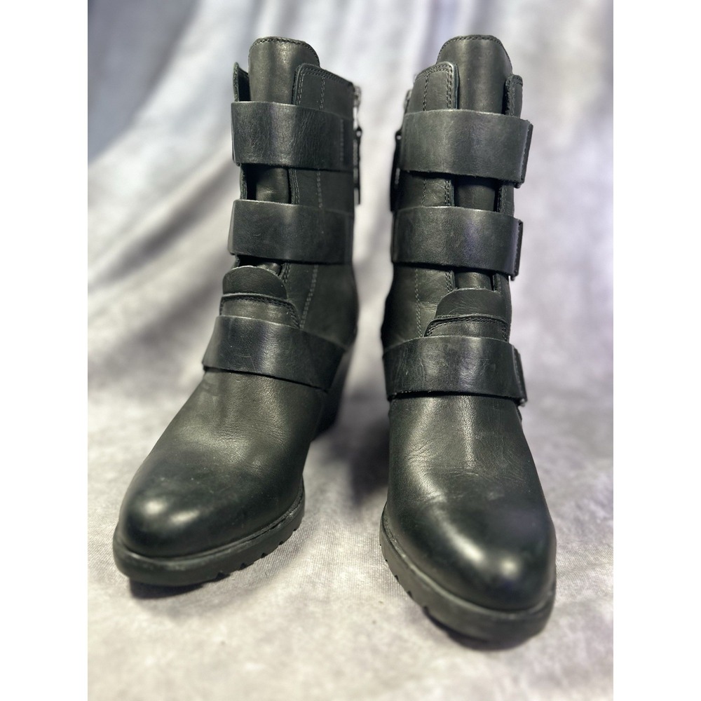 Sorel Women's Wedge Leather Ankle Boots Black Buckle Zip Size 9 NL2550